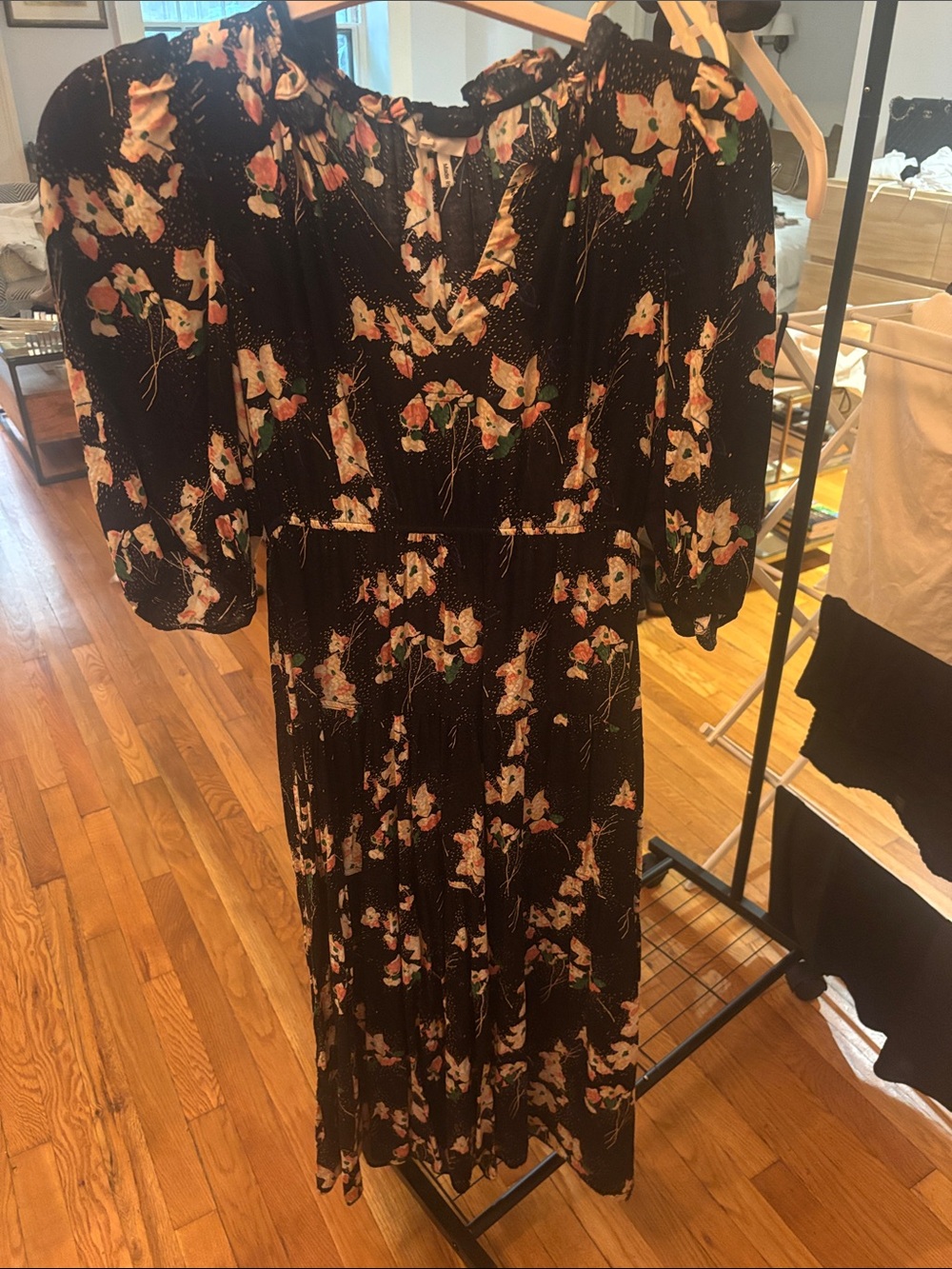 ba&sh Black Midi Dress with Peach Floral Print